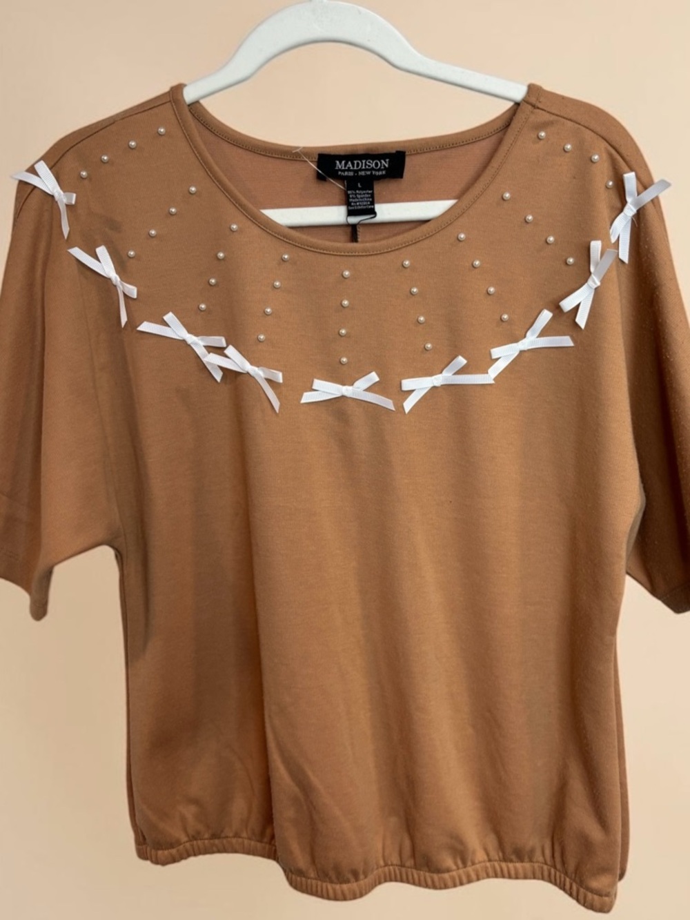 MADISON Tan Short-Sleeve Top with White Bow & Pearl Detail